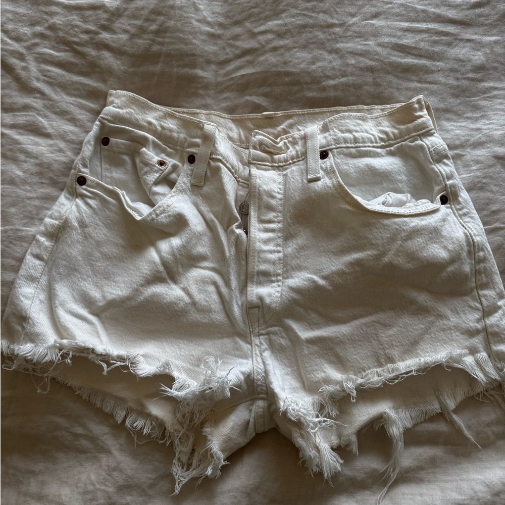 Levi's 501 White High-Rise Frayed Hem Denim Shorts